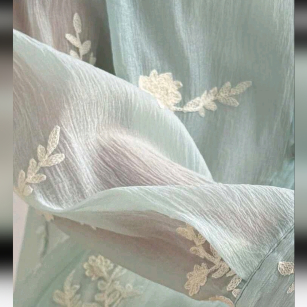 Women's Embroidered Button Up Front Long Sleeve Elegant Blouse, Summer - Picture 2 of 5